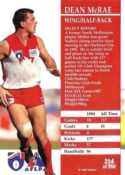 1995 Select AFL #214 Dean McRae Back